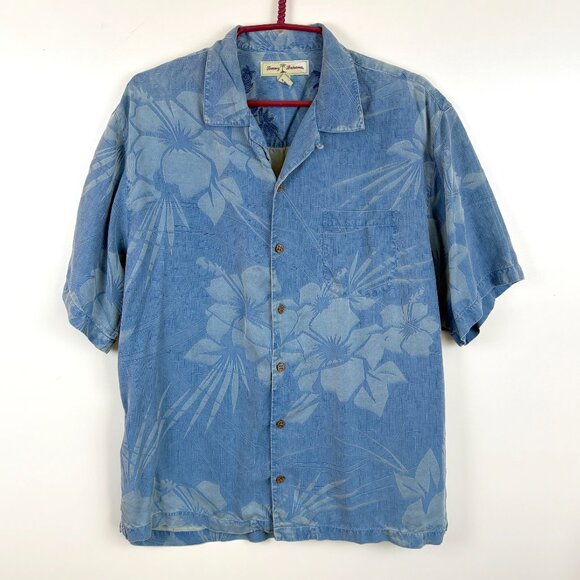 Banana Cabana Other - Tommy Bahama Shirt Mens M Large Shark Blue Silk Floral Print Jacquard Hawaiian